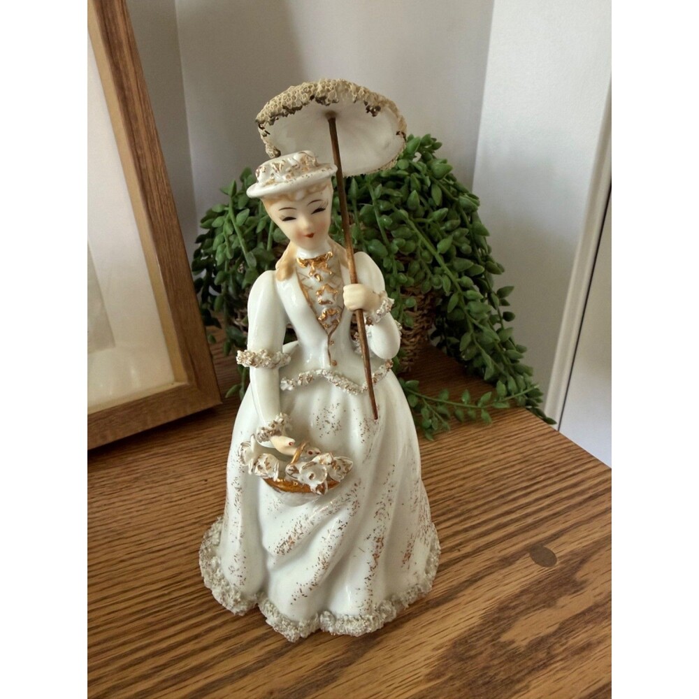 Vintage Lefton Porcelain Victorian Lady Figurine with Parasol, Hand Painted
